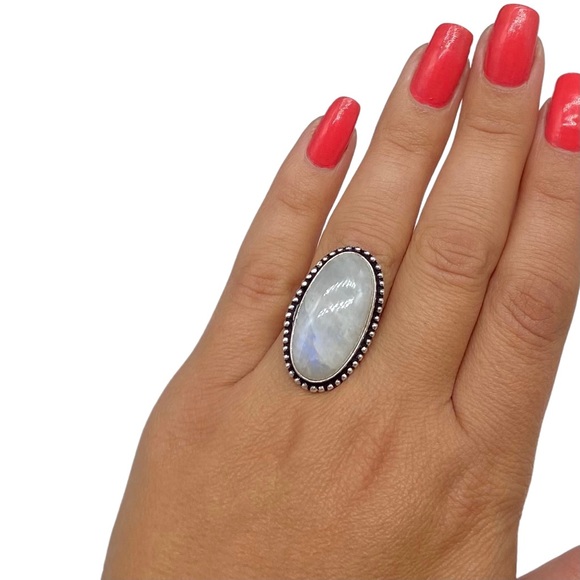Jewelry - Rainbow Moonstone Ring Size 7 Oval Cabochon Stone Stamped 925 Sterling Silver